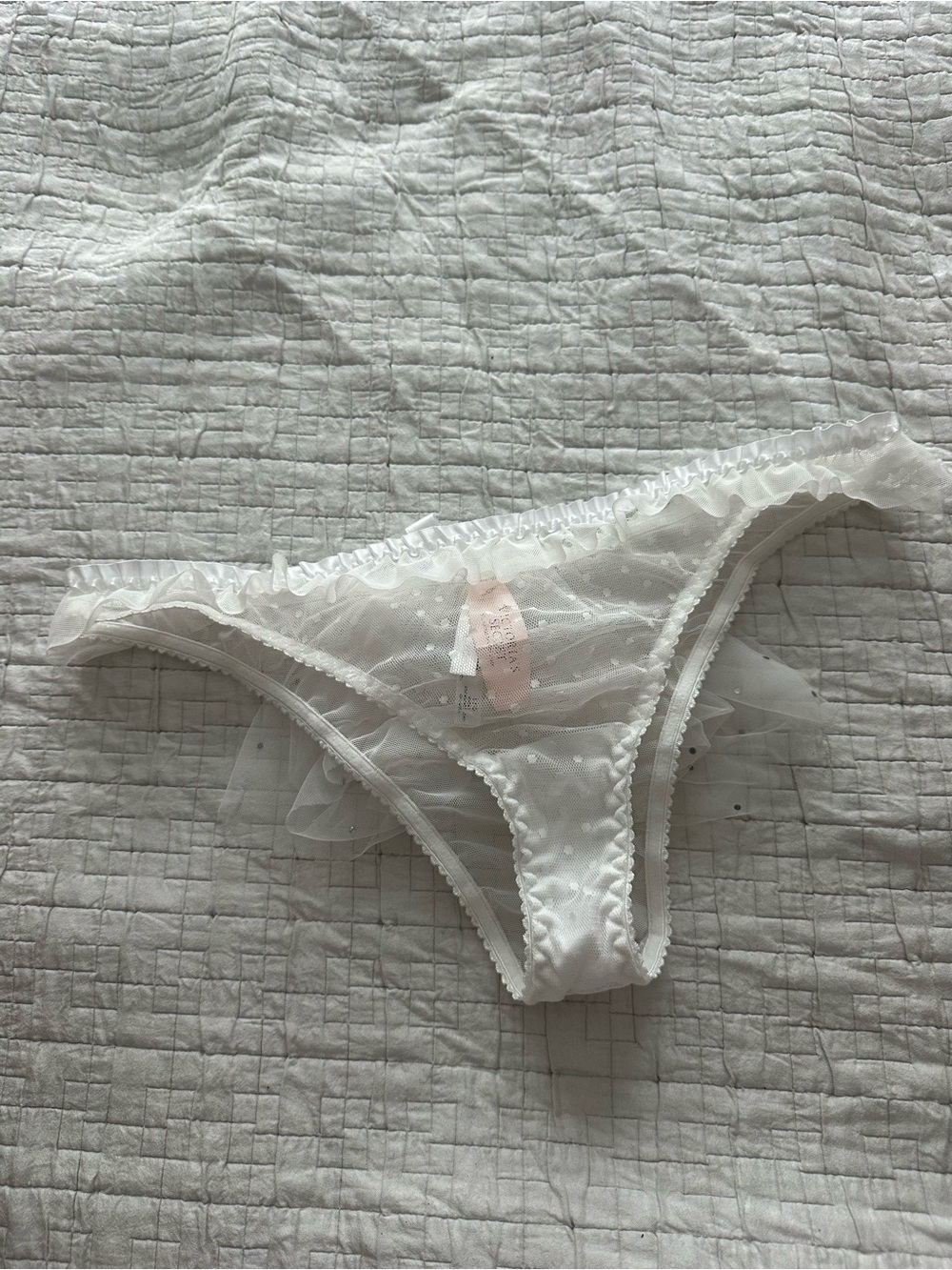 BridalVictoria's Secret White Sheer Polka Dot Ruffle Bikini Panty
